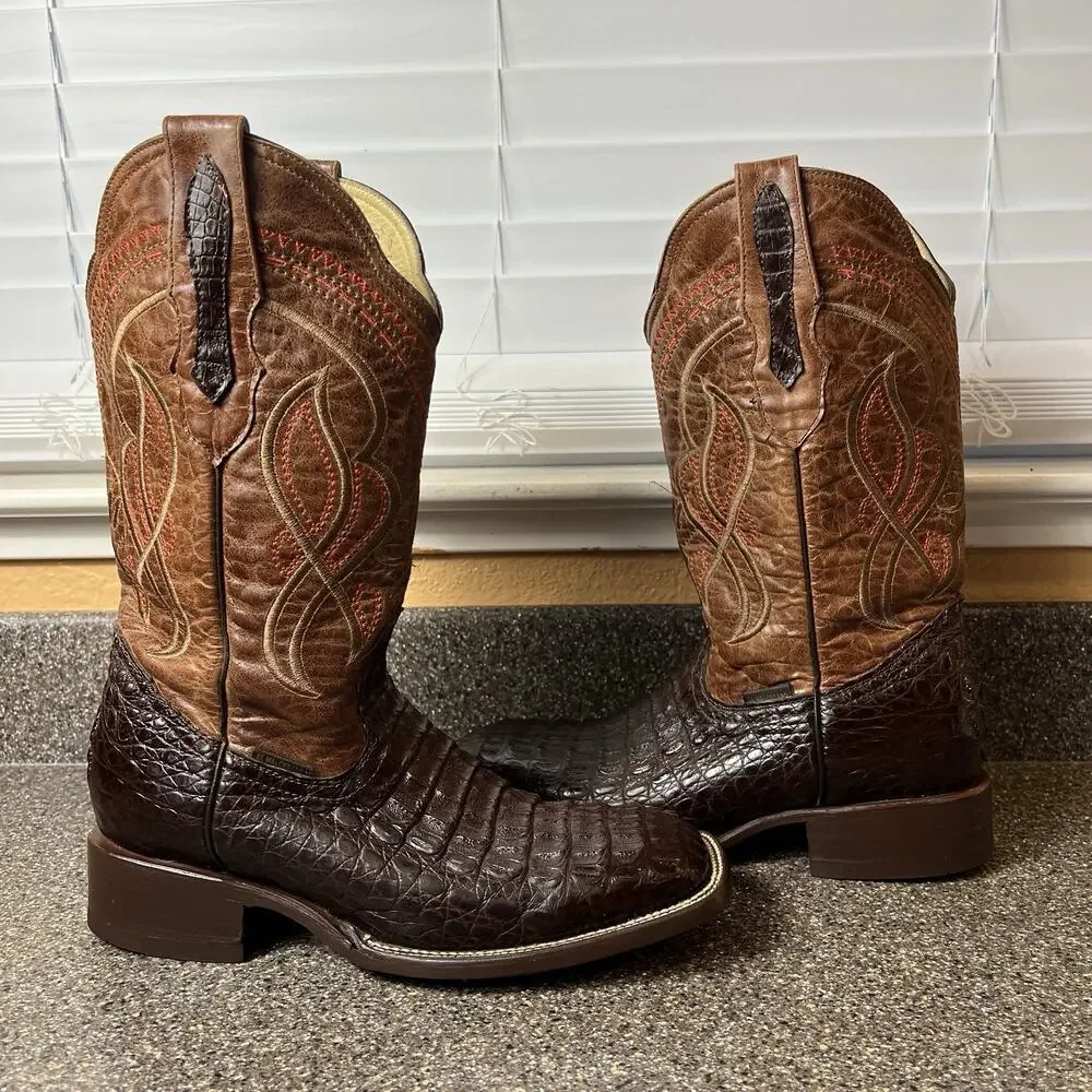 El Malcreado Hornback Brown Leather/Alligator Embroidered Boots Men MEX 28 US 10